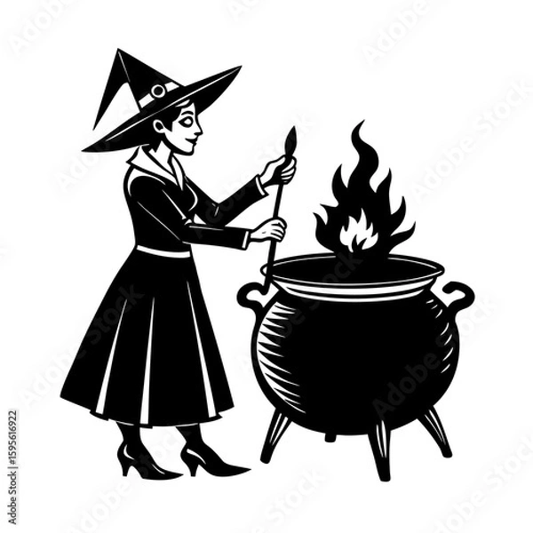 Obraz Witch Stirring Potion In Cauldron Vector
