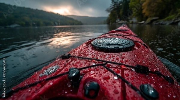 Fototapeta Red Kayak on a Calm River at Sunset