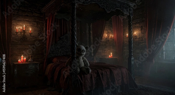 Fototapeta Quarto Gótico com Bicho de Pelúcia Macabro sobre a Cama sob Luz de Velas Dramática