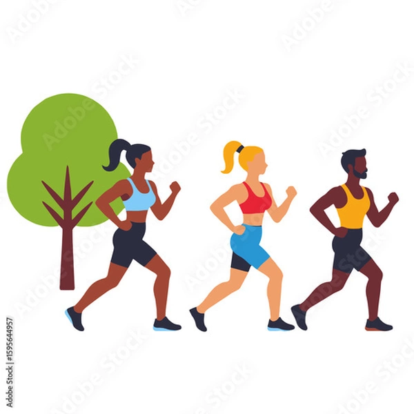 Obraz Diverse Group Running Together- Healthy Lifestyle and Fitness- Cardio Workout- People Exercising Outdoors- Running Club- Healthy Lifestyle Illustration