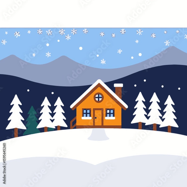 Obraz Winter Cabin Scene-Snowy Landscape with Cozy House-Christmas Holiday Illustration-Snowflakes and Pine Trees-Festive Season Image-Winter Wonderland Design