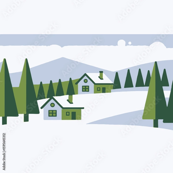 Obraz Winter Landscape Illustration-Cozy Cabins in Snow-Covered Hills-Pine Trees and Snowy Mountains-Peaceful Winter Scene-Holiday Season Art