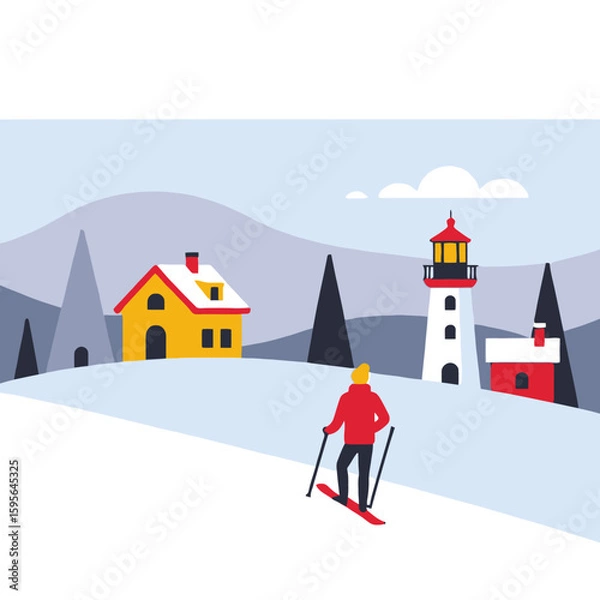 Obraz Winter Skiing Scene-Cartoon House and Lighthouse-Snowy Landscape-Man on Skis-Cold Weather Adventure-Holiday Destination-Mountains and Trees-Winter Sports Fun