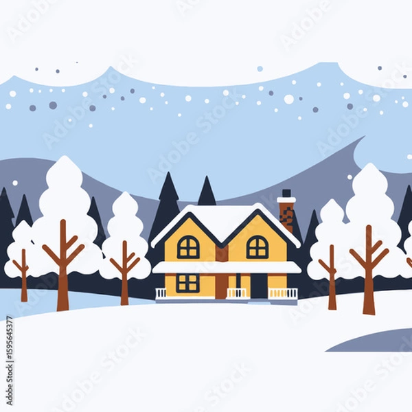 Obraz Winter Wonderland Home-Charming House in Snowy Landscape-Cozy Winter Scene-Cartoon Illustration of Winter Season-Snowy Trees and Mountains Backdrop