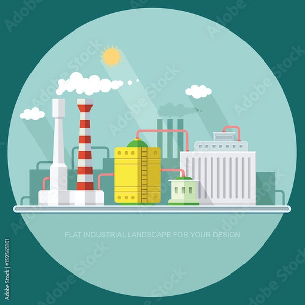 Fototapeta industry manufactory building. Factories producing oil and gas, metals and rubber, energy and power. Destroys nature. Icon of eco friendly factories. Flat Vector background illustration