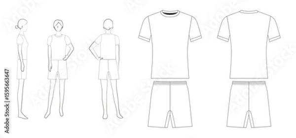 Obraz 女子サッカーユニフォームのテンプレート（前・後・横・平面図）  
Women's Soccer Uniform Template – Front, Back, Side & Flat Views