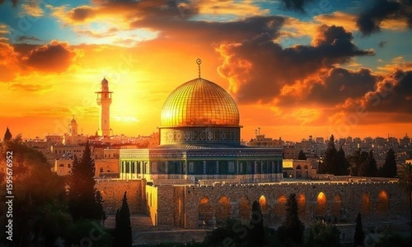 Fototapeta Golden dome of a large religious building illuminated by a vibrant sunset sky with dramatic clouds over a historic cityscape with towers and trees
