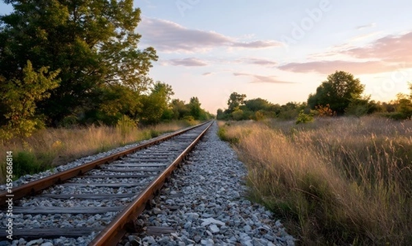 Fototapeta Rustic railway tracks stretching into the distance, surrounded by wild grass and trees under a golden sunset sky.