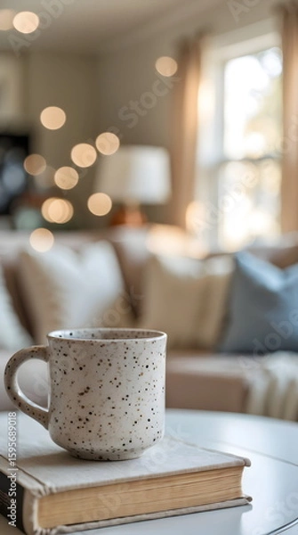 Fototapeta Cozy speckled coffee mug resting on a book in a warm living room with soft bokeh lights