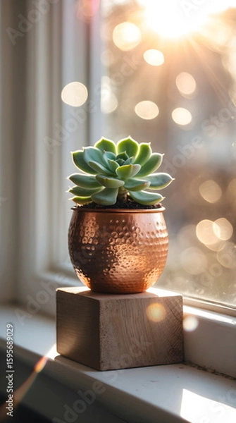 Fototapeta Cozy succulent plant in a hammered copper pot on a windowsill with warm morning sunlight bokeh