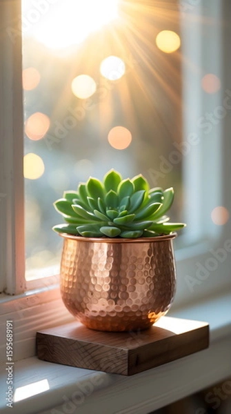 Fototapeta Cozy succulent plant in a hammered copper pot on a windowsill with warm morning sunlight bokeh