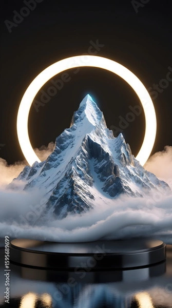 Fototapeta Majestic snow-capped mountain on a pedestal with a glowing halo ring against a dark background, generative AI
