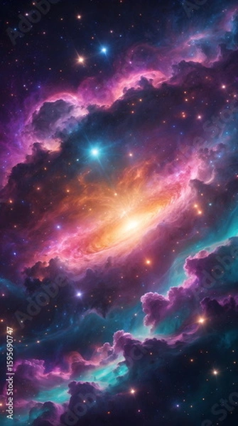 Fototapeta Vibrant and colorful galaxy nebula in deep space with shining stars, generative AI