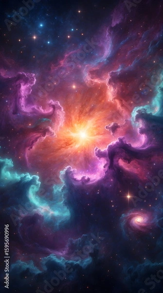 Fototapeta Vibrant and colorful galaxy nebula in deep space with shining stars, generative AI