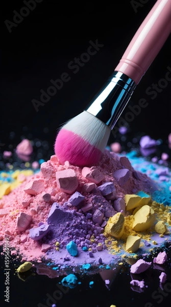 Fototapeta Makeup brush on piles of vibrant crushed cosmetic powder eyeshadow, generative AI
