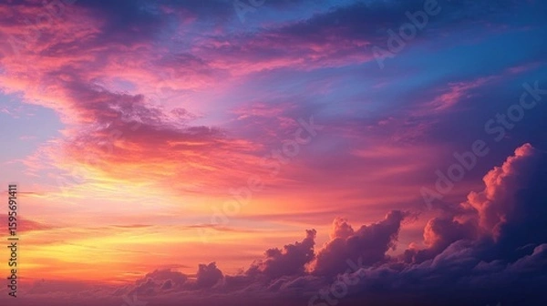 Fototapeta Vibrant sunset sky with dramatic purple, pink, and orange clouds creating a serene and majestic atmosphere