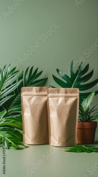 Fototapeta Product mockup of two blank brown kraft paper pouches with tropical leaves on a green background, generative AI