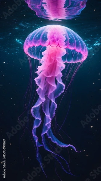 Fototapeta Glowing bioluminescent pink jellyfish swimming in the deep dark ocean, generative AI