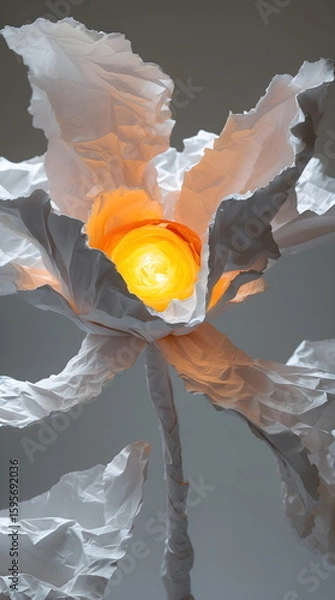 Fototapeta Abstract sculpture of a white paper flower with a glowing warm light in its center, generative AI