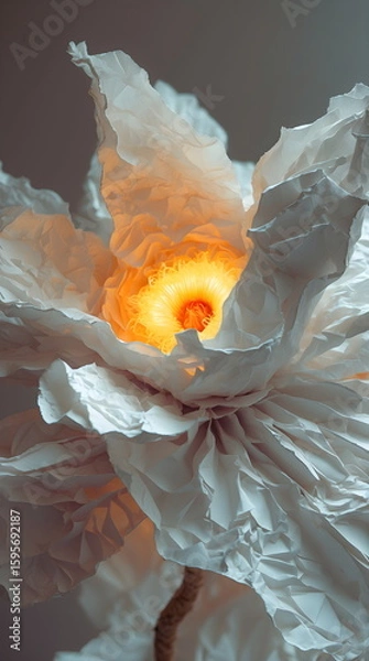 Fototapeta Abstract sculpture of a white paper flower with a glowing warm light in its center, generative AI