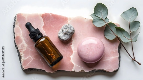Fototapeta Natural cosmetic flat lay with a serum bottle, pink stone, and eucalyptus on a marble slab, generative AI
