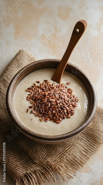 Fototapeta Healthy breakfast bowl of yogurt or porridge topped with flax seeds in a rustic ceramic bowl, generative AI