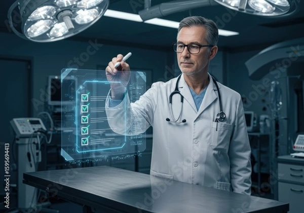 Fototapeta A doctor in an operating room uses a futuristic holographic checklist for a surgical procedure.