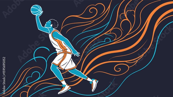 Fototapeta Basketball player in mid air with ball and swirling orange and blue lines on a dark background