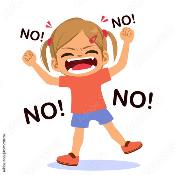 Fototapeta Cartoon illustration of an angry girl firmly saying “No,” with expressive body language and emotion. Drawing for educational content, emotions sets or expressive characters