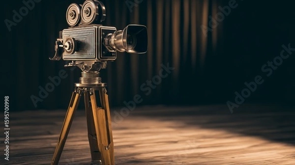Fototapeta A vintage cinema camera stands on a wooden floor with curtains