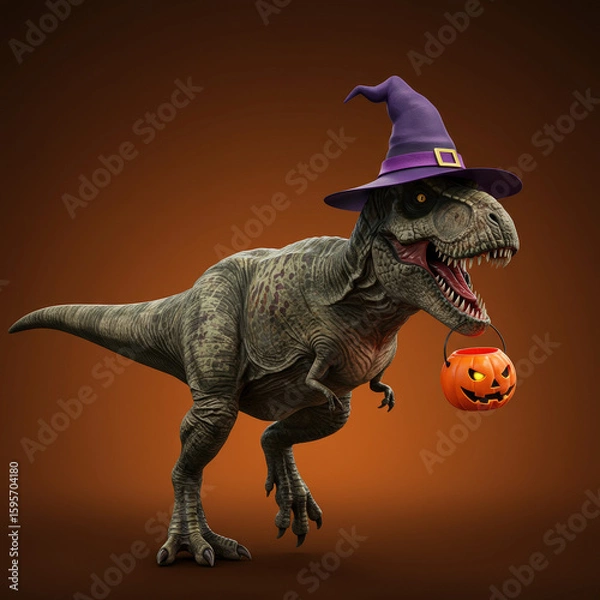 Obraz Funny yet scary tyrannosaurus dinosaur in halloween costume. ferocious creature wears purple witch hat and holds pumpkin for trick or treat celebration