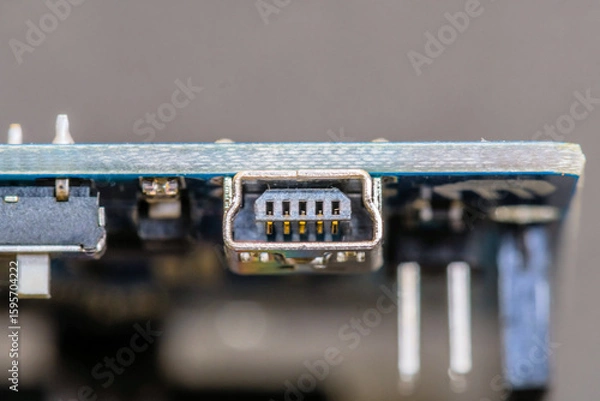 Fototapeta Close-up of a USB port on a circuit board, showcasing pins and technology components