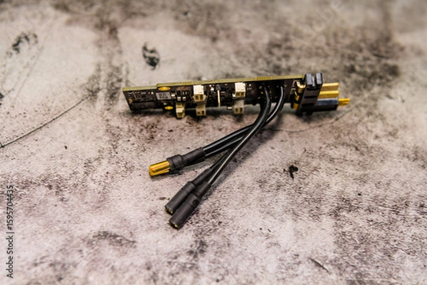 Fototapeta Circuit board with attached cables on a rough textured background