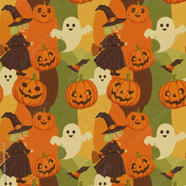 Obraz Spooky retro Halloween pattern with playful witch on broomstick, friendly ghost, and pumpkin. Seamless cartoon background for autumn holiday celebration and festive decoration