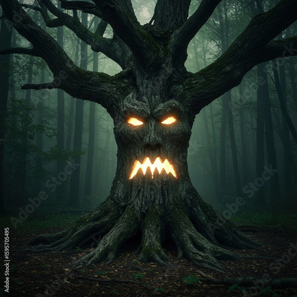 Fototapeta Creepy gnarled tree monster with scary face in dark horror forest. angry creature has glowing eyes and mouth, creating frightening and evil scene