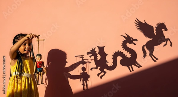 Obraz A young girl plays with shadow puppets of mythical creatures on a peach-colored wall.