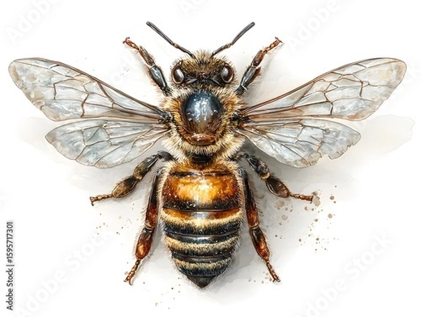 Fototapeta Beautiful watercolor painting depicts a detailed honeybee viewed from above on a white paper background.