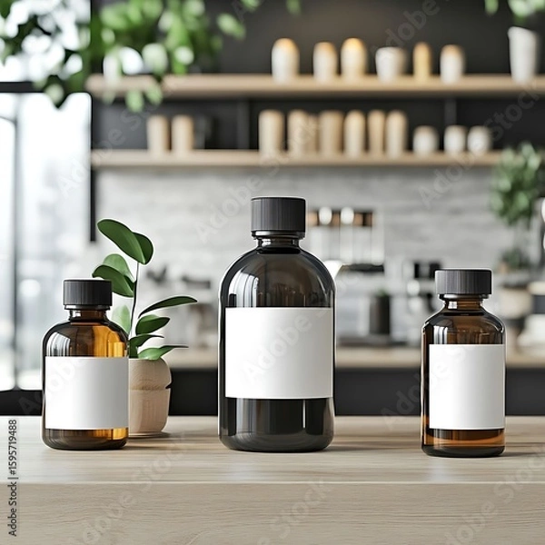 Fototapeta Amber bottles with cafe background. (2)