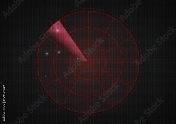 Obraz Red radar on dark screen with glitch old tv effect.