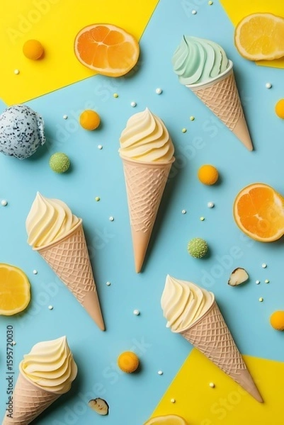 Fototapeta Colorful Ice Cream Cones Flatlay. (1)