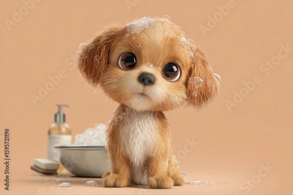 Fototapeta Adorable puppy with shampoo and bubbles