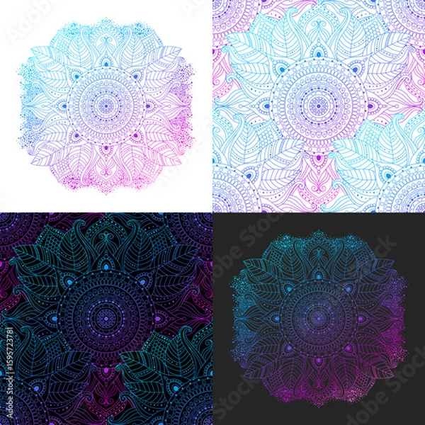 Fototapeta Set of ethnic seamless patterns and floral mandala in a psychedelic dark and light palette, pink, purple and blue. Abstract designs and floral decorations, oriental, indian, asian motifs.