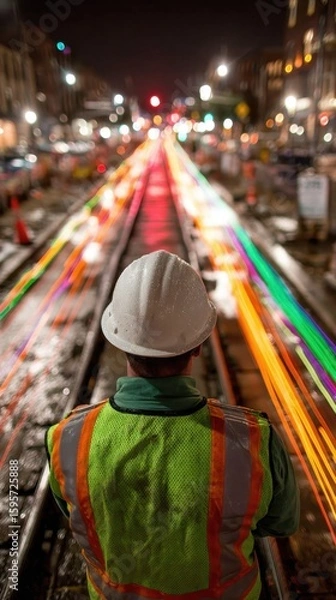 Fototapeta Night Shift on the Rails, A worker in a hard hat watches vibrant light trails illuminate city tracks.