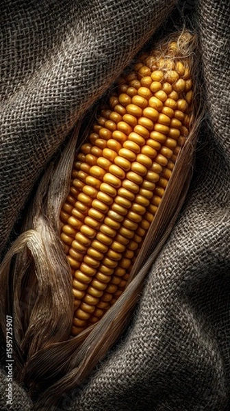 Fototapeta Rustic Harvest Still Life, A Golden Ear of Ripe Corn on a Textured Burlap Background