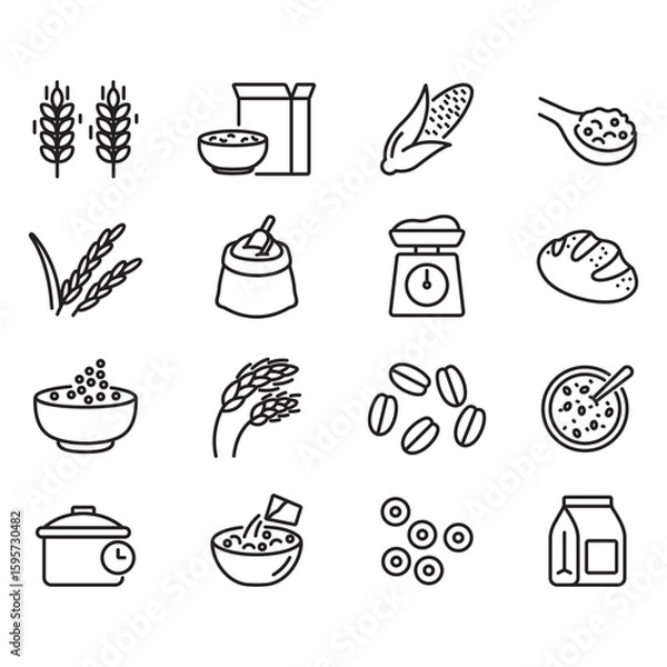 Obraz Cereals icon set. Line style vectors. Contains icons for wheat, bread, flour, cereal preparations, and more.