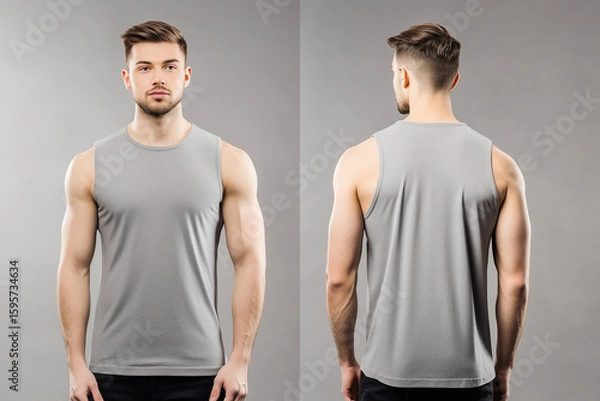 Fototapeta Front and back view of a man wearing a plain gray sleeveless tank top