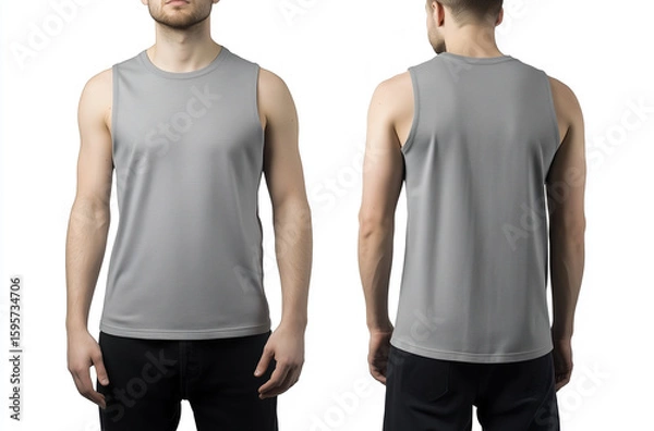 Obraz Front and back view of a man wearing a plain gray sleeveless tank top