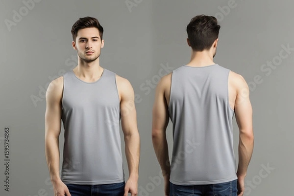 Obraz Front and back view of a man wearing a plain gray sleeveless tank top