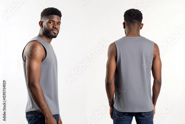 Obraz Front and back view of a man wearing a plain gray sleeveless tank top