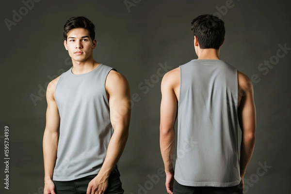 Fototapeta Front and back view of a man wearing a plain gray sleeveless tank top